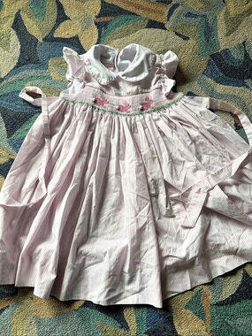 petit bebe Pink Stripe Smocked Bunny Bishop Dress Girls 4T